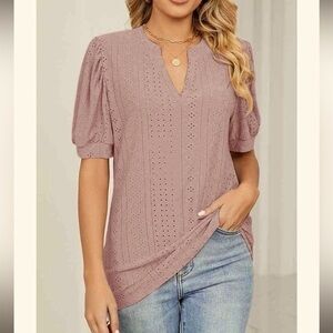 Women's Mauve Open Eyelet Top Short Sleeve Puff Sleeve It#J06